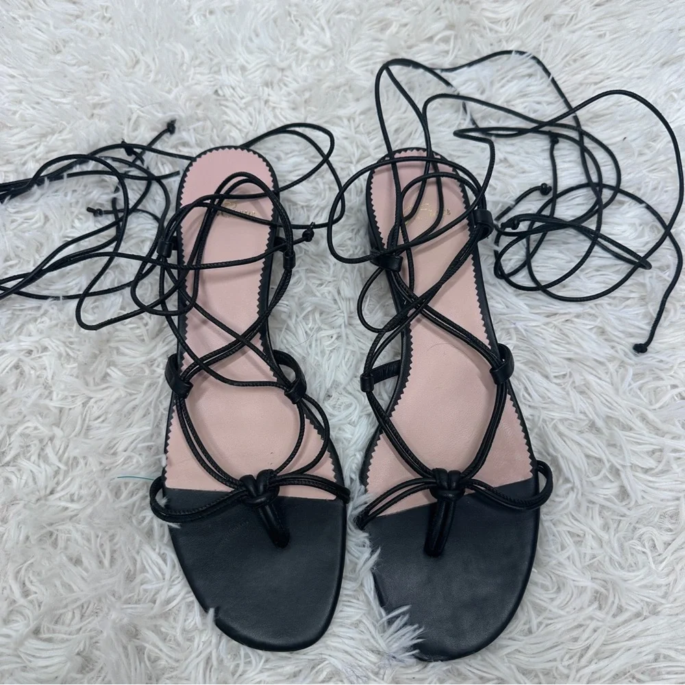 J.Crew Strappy Leather Low-heel Lace-up Sandals Size 10 Black Round Heel